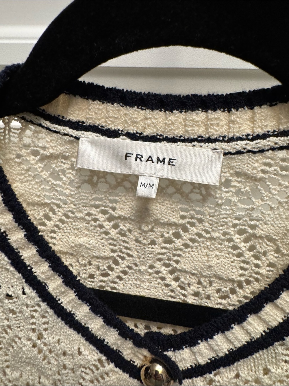 Frame Denim Cream Knit Cardigan with Navy Trim and Gold Buttons - Picture 3 of 8